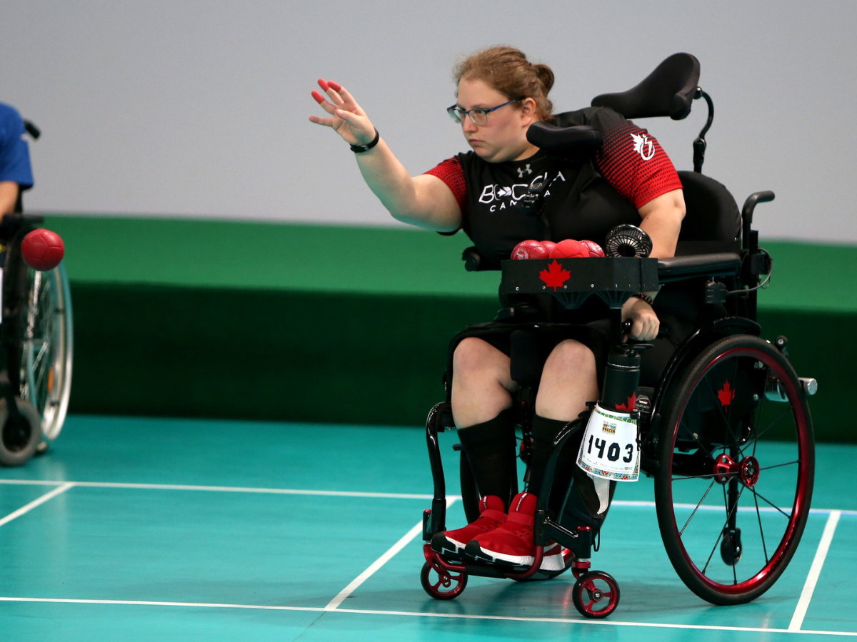 Alison Levine throwing boccia ball |